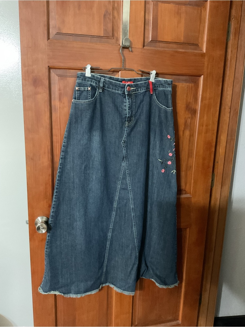 Dark Wash Denim Maxi Skirt with Pink Floral Embroidery